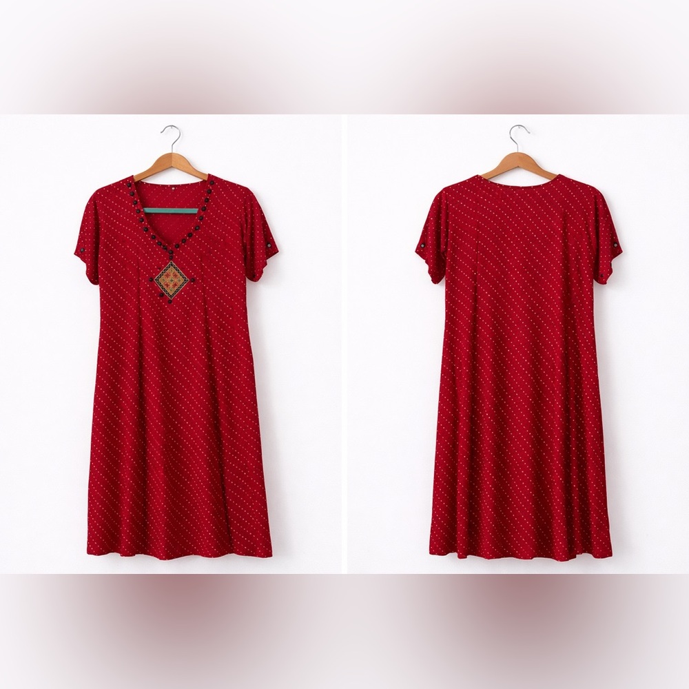 Women's Red V-Neck Embellished Tunic
